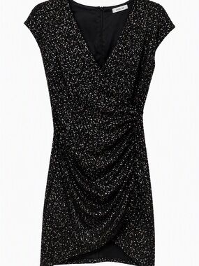 Just Me Black and Gold Glitter Ruched V-Neck Mini Dress